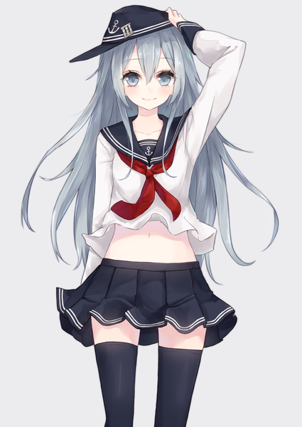 Anime picture 722x1020 with kantai collection hibiki destroyer la+ (laplus) single long hair tall image looking at viewer blush fringe simple background smile hair between eyes standing silver hair long sleeves wind grey background bare belly zettai ryouiki happy