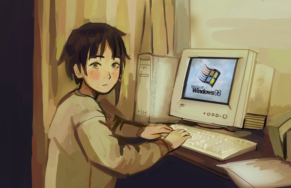Anime picture 1353x874 with serial experiments lain windows (operating system) iwakura lain io (onisarashi) single looking at viewer blush fringe short hair brown hair sitting brown eyes upper body indoors long sleeves turning head expressionless asymmetrical hair girl curtains