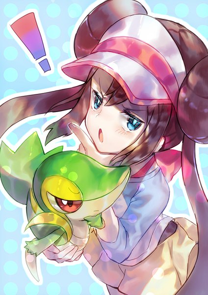 Anime picture 707x1000 with pokemon pokemon black and white nintendo rosa (pokemon) snivy emoillu single long hair tall image looking at viewer blush fringe open mouth hair between eyes brown hair twintails holding payot from above :o