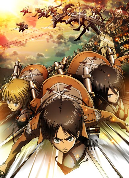 Anime picture 1447x2000 with shingeki no kyojin production i.g mikasa ackerman eren yaeger annie leonhart armin arlert reiner braun long hair tall image short hair blue eyes black hair blonde hair brown hair multiple girls holding sky cloud (clouds) ponytail black eyes