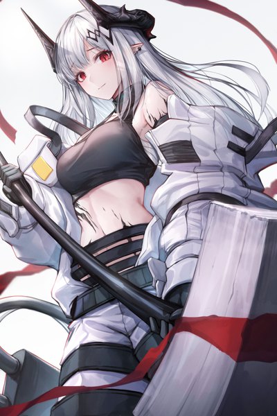 Anime picture 4000x6000 with arknights mudrock (arknights) chyopeuteu single long hair tall image looking at viewer blush fringe highres breasts simple background red eyes standing white background bare shoulders holding absurdres silver hair horn (horns)