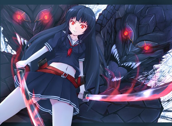 Anime picture 1500x1100 with original sukesan long hair open mouth black hair red eyes teeth glowing glowing eye (eyes) sharp teeth girl skirt weapon miniskirt sword serafuku belt monster