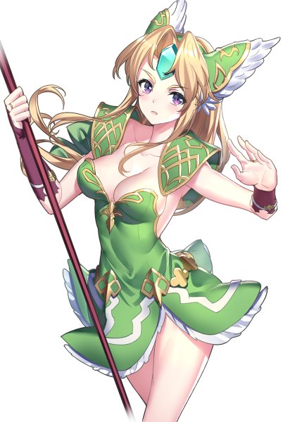 Anime picture 858x1200 with seiken densetsu seiken densetsu 3 riesz ririko (zhuoyandesailaer) single long hair tall image blush fringe breasts open mouth light erotic simple background blonde hair large breasts standing white background purple eyes holding looking away
