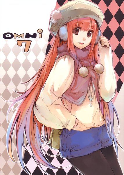 Аниме картинка 2493x3500 с оригинальное изображение fujishima (artist) длинные волосы высокое изображение высокое разрешение улыбка красные глаза красные волосы девушка шорты свитер шапка зимняя (тёплая) одежда
