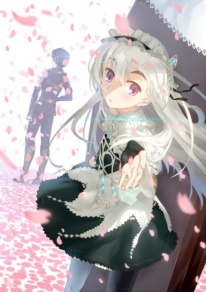 Anime picture 900x1272 with hitsugi no chaika studio bones chaika trabant tooru  acura long hair tall image short hair standing white background purple eyes blue hair white hair pink eyes from behind hand on hip girl thighhighs dress boy petals