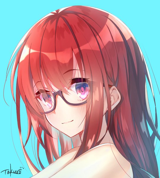 Anime picture 2083x2313 with original taku3949 single long hair tall image blush highres simple background smile signed red hair pink eyes portrait blue background revision girl glasses
