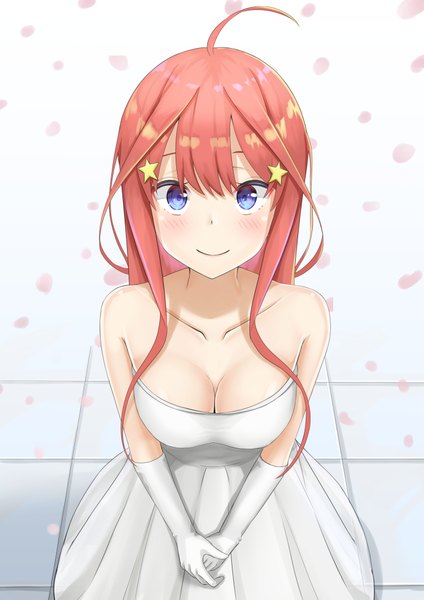 Anime picture 1447x2047 with go-toubun no hanayome nakano itsuki plu xx single long hair tall image looking at viewer blush fringe breasts blue eyes light erotic simple background smile hair between eyes large breasts standing white background bare shoulders cleavage