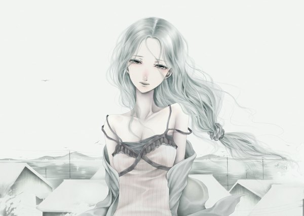 Anime picture 1000x710 with original yoshii (pixiv) single long hair simple background grey hair grey background grey eyes city monochrome wavy hair mountain pale skin girl dress animal water bird (birds) building (buildings) cape