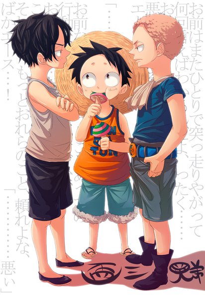 Anime picture 750x1091 with one piece toei animation monkey d. luffy portgas d. ace sabo (one piece) nyuu men tall image short hair black hair blonde hair standing white background holding brown eyes profile black eyes multiple boys shadow short sleeves text