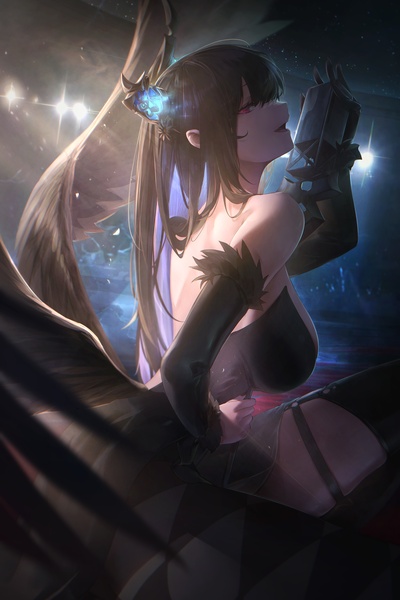 Anime picture 3566x5353 with virtual youtuber hololive hololive english nerissa ravencroft kanai1999 single long hair tall image looking at viewer fringe highres breasts open mouth light erotic black hair smile hair between eyes red eyes large breasts holding