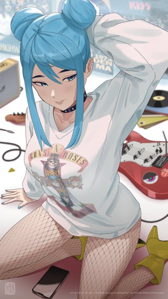 Anime picture 1350x2400 with original guns n' roses iru may (akairiot) valantains single long hair tall image fringe blue eyes hair between eyes payot blue hair looking away full body long sleeves parted lips arm up high heels thighs piercing