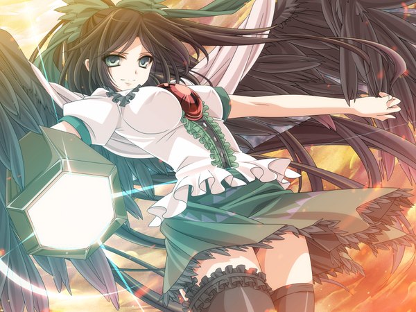 Anime picture 1800x1350 with touhou reiuji utsuho moneti (daifuku) single long hair highres blue eyes light erotic black hair arm cannon girl thighhighs skirt bow weapon black thighhighs hair bow miniskirt shirt wings