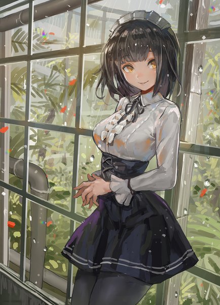 Anime picture 905x1250 with original canking single tall image blush fringe short hair breasts black hair smile large breasts yellow eyes looking away indoors blunt bangs long sleeves parted lips rain hands clasped girl