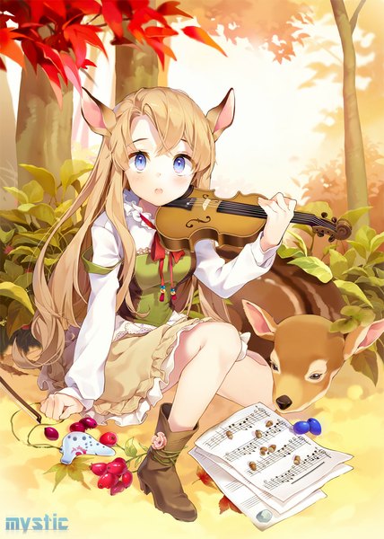 Anime picture 800x1122 with original gilse long hair tall image fringe open mouth blue eyes blonde hair sitting animal ears bent knee (knees) lying girl skirt bow ribbon (ribbons) plant (plants) animal shirt tree (trees)