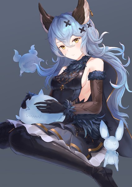 Anime picture 724x1023 with granblue fantasy ferri (granblue fantasy) kachi single long hair tall image looking at viewer blush fringe breasts simple background smile hair between eyes sitting bare shoulders holding animal ears yellow eyes payot blue hair