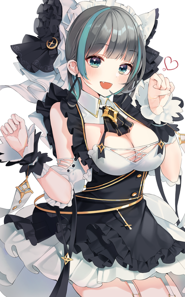 Anime picture 1200x1920 with azur lane cheshire (azur lane) buri (retty9349) single tall image looking at viewer blush fringe short hair breasts open mouth blue eyes light erotic black hair simple background smile large breasts standing cleavage blunt bangs
