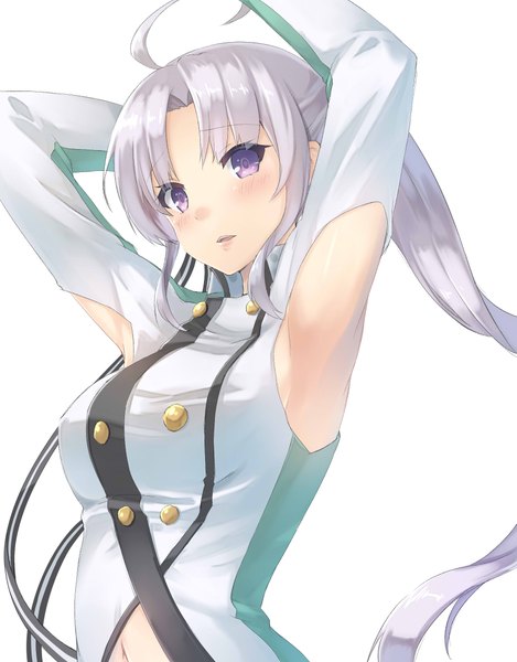 Anime picture 1800x2300 with kantai collection akitsushima seaplane tender akitsushima (kantai collection) oukawa yuu single long hair tall image looking at viewer blush highres simple background white background purple eyes silver hair upper body ahoge armpit (armpits) side ponytail girl uniform