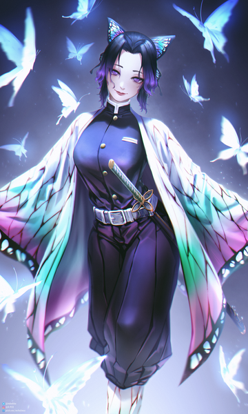 Anime picture 1500x2500 with kimetsu no yaiba ufotable kochou shinobu hyde (tabakko) single tall image looking at viewer short hair breasts black hair simple background smile standing purple eyes purple hair traditional clothes head tilt japanese clothes multicolored hair two-tone hair