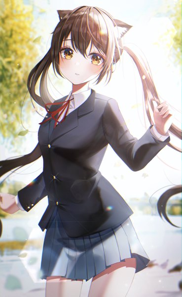 Anime picture 1500x2437 with k-on! kyoto animation nakano azusa eumi 114 single long hair tall image looking at viewer blush fringe black hair hair between eyes standing twintails brown eyes animal ears outdoors long sleeves pleated skirt cat ears