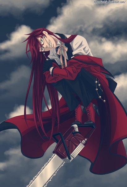 Anime picture 1025x1500 with kuroshitsuji a-1 pictures grell sutcliff ioshik single long hair tall image smile green eyes sky cloud (clouds) red hair teeth grin coloring crossed arms squat sharp teeth boy glasses
