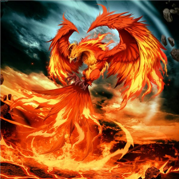 Anime picture 1030x1030 with genzoman cloud (clouds) rock wings fire stone (stones) claws phoenix molten rock