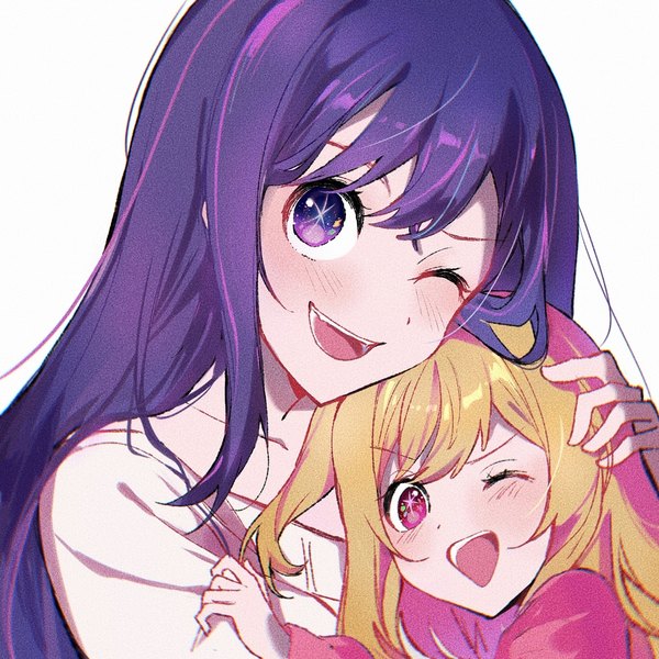 Anime picture 1280x1280 with oshi no ko hoshino ai (oshi no ko) hoshino ruby yamabukiyuki long hair looking at viewer open mouth simple background blonde hair white background purple eyes multiple girls purple hair upper body one eye closed pink eyes one side up symbol-shaped pupils ;d mother and daughter