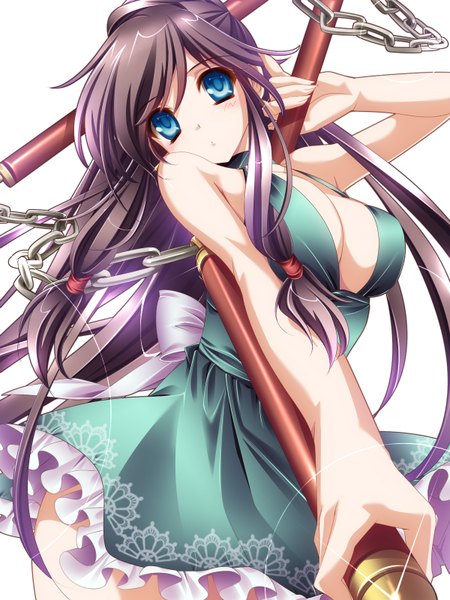 Anime picture 1200x1600 with original moneti (daifuku) single long hair tall image looking at viewer breasts blue eyes light erotic black hair simple background white background girl dress weapon chain
