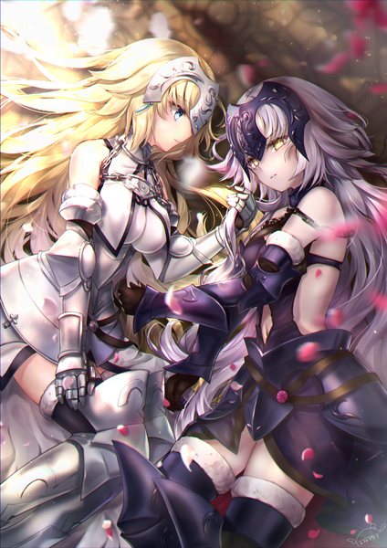 Anime picture 2480x3508 with fate (series) fate/grand order jeanne d'arc (fate) (all) jeanne d'arc alter (fate) jeanne d'arc (fate) jeanne d'arc alter (avenger) (third ascension) (fate) hane yuki long hair tall image blush fringe highres breasts blue eyes blonde hair hair between eyes large breasts bare shoulders multiple girls signed