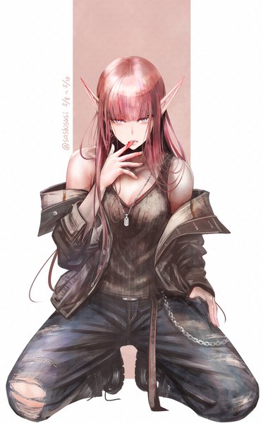 Anime picture 888x1427 with original sushi (sashimise) single long hair tall image looking at viewer fringe blue eyes signed pink hair full body blunt bangs arm up pointy ears off shoulder open jacket twitter username kneeling torn clothes official alternate costume
