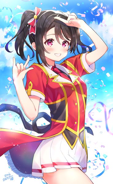 Anime picture 1232x2000 with love live! school idol project sunrise (studio) love live! yazawa nico okanoyuno single tall image blush short hair black hair smile twintails sky cloud (clouds) pink eyes grin short twintails mmm girl skirt