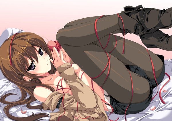 Anime picture 1169x826 with steins;gate white fox makise kurisu single long hair blush breasts light erotic brown hair purple eyes open clothes open shirt legs up girl ribbon (ribbons) petals pantyhose jacket shorts boots