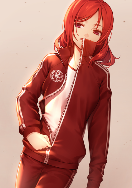 Anime picture 578x818 with love live! school idol project sunrise (studio) love live! nishikino maki nagareboshi single tall image fringe short hair simple background holding red hair long sleeves pink eyes open clothes open jacket teeth mouth hold walking serious