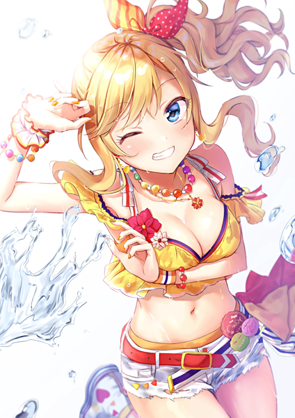 Anime picture 793x1123 with idolmaster idolmaster cinderella girls ootsuki yui anoa single long hair tall image looking at viewer blush fringe breasts blue eyes light erotic simple background blonde hair smile standing white background bare shoulders payot