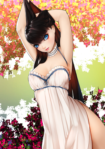 Anime picture 2067x2923 with original milk-doll single long hair tall image highres blue eyes light erotic black hair lips realistic girl flower (flowers) frills sundress