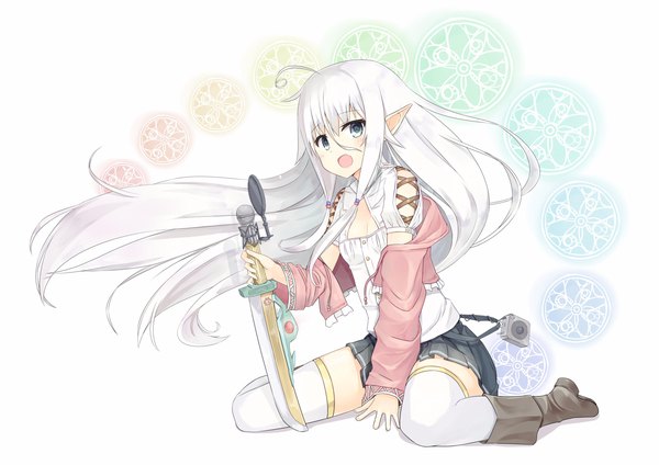 Anime picture 3507x2480 with original ruma imaginary single long hair looking at viewer fringe highres open mouth blue eyes simple background smile hair between eyes white background sitting absurdres ahoge white hair pleated skirt pointy ears off shoulder