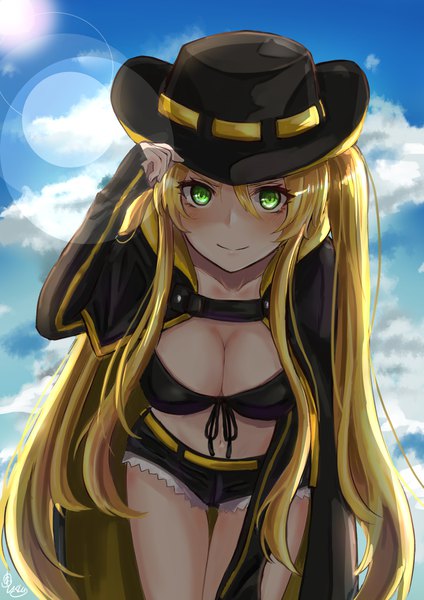 Anime picture 1457x2064 with azur lane hornet (azur lane) chushou wang single long hair tall image looking at viewer fringe breasts light erotic blonde hair smile hair between eyes large breasts twintails green eyes sky cleavage cloud (clouds) outdoors