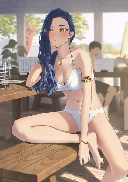 Anime picture 1455x2067 with original kimishima touka hara kenshi single long hair tall image blush fringe breasts light erotic sitting yellow eyes blue hair looking away cleavage barefoot blurry solo focus head rest girl