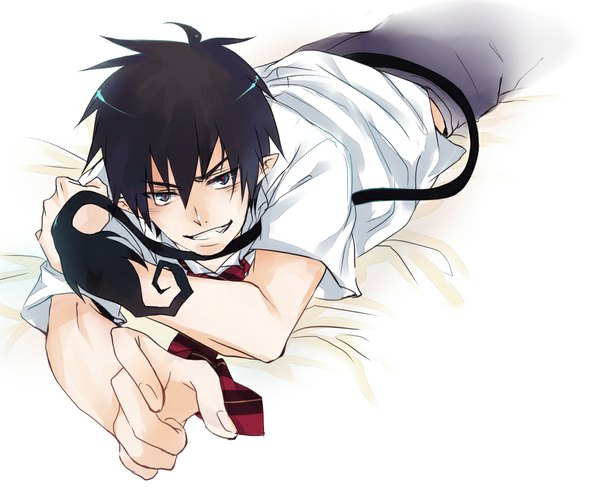 Anime picture 1088x898 with ao no exorcist a-1 pictures okumura rin lakke single short hair black hair simple background white background tail lying pointy ears on stomach demon tail boy