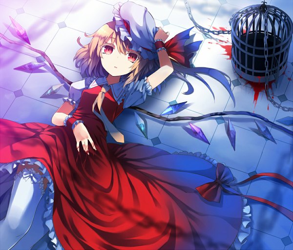 Anime picture 1110x948 with touhou flandre scarlet bon (artist) single looking at viewer short hair blonde hair red eyes lying girl thighhighs dress bow white thighhighs wings necktie frills blood bonnet crystal