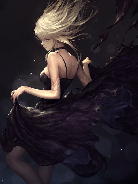 Anime picture 6001x8000 with original tachikawa mushimaro (bimo) single long hair tall image fringe highres breasts simple background blonde hair hair between eyes bare shoulders yellow eyes looking away absurdres profile from behind floating hair black background dress lift