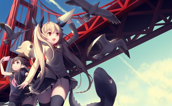 Anime picture 1900x1175 with original kyuri tizu long hair highres black hair blonde hair wide image twintails multiple girls girl thighhighs skirt bow black thighhighs 2 girls hair bow miniskirt animal bird (birds) bridge