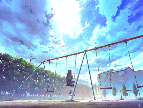 Anime picture 1300x983 with original mocha (cotton) single long hair brown hair sitting signed looking away sky cloud (clouds) full body pleated skirt sunlight looking up sunbeam scenic girl skirt uniform plant (plants)