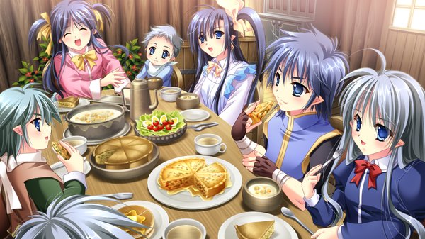 Anime picture 1024x576 with hanasaku otome to koi no grimoire long hair short hair blue eyes black hair wide image multiple girls game cg pointy ears grey hair multiple boys loli one side up eating girl boy food 3 girls child (children) 3 boys