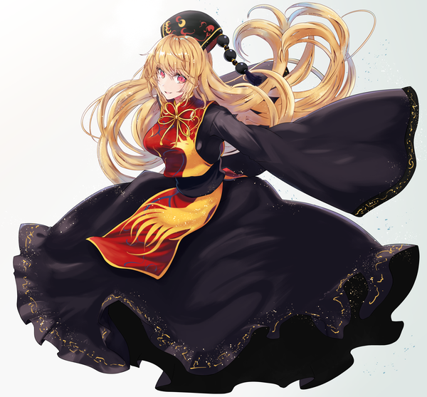 Anime picture 3268x3035 with touhou junko (touhou) kurokan (kokkyou oudan) single long hair looking at viewer fringe highres simple background blonde hair hair between eyes red eyes white background absurdres full body long sleeves parted lips light smile wide sleeves floating hair