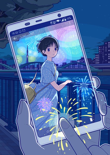 Anime picture 1736x2456 with original yoshimon tall image looking at viewer highres short hair black hair black eyes night solo focus pov fireworks girl dress bag mobile phone smartphone blue dress bridge tower