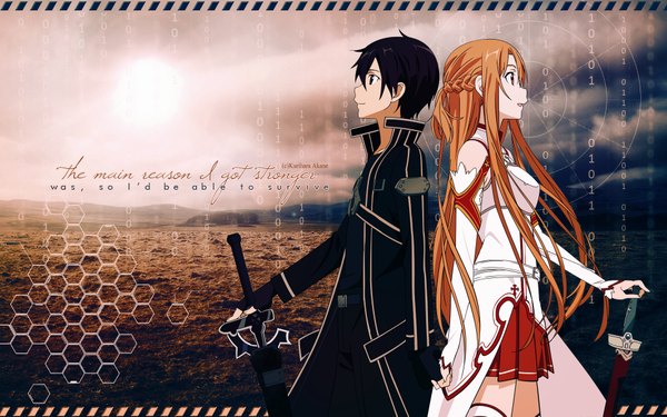 Anime picture 1920x1200 with sword art online a-1 pictures yuuki asuna kirigaya kazuto long hair highres black hair brown hair wide image brown eyes profile couple girl boy weapon detached sleeves sword cloak