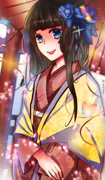 Anime picture 700x1200 with original vince single long hair tall image fringe open mouth blue eyes black hair smile traditional clothes japanese clothes hair flower gate girl hair ornament flower (flowers) petals kimono umbrella