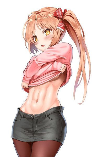 Anime picture 731x1171 with original murata taichi single long hair tall image looking at viewer blush fringe breasts open mouth light erotic simple background white background yellow eyes payot orange hair side ponytail undressing muscle abs