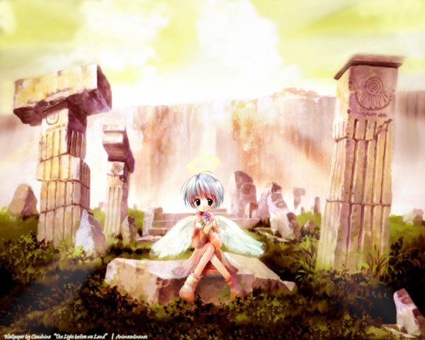 Anime picture 1280x1024 with club maniax shiina asako single looking at viewer short hair sitting signed full body outdoors loli third-party edit angel girl flower (flowers) wings halo pillar column