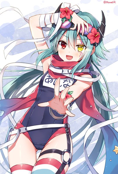 Anime picture 600x888 with princess connect! re:dive princess connect! anna (princess connect!) mauve single tall image blush fringe short hair open mouth light erotic hair between eyes signed very long hair :d hair flower horn (horns) aqua hair character names twitter username